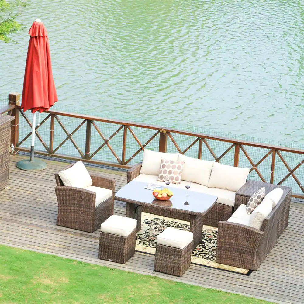 Beverly 7 Piece Steel Wicker Patio Furniture Outdoor Modular Sofa Set with Cushions and Ottomans