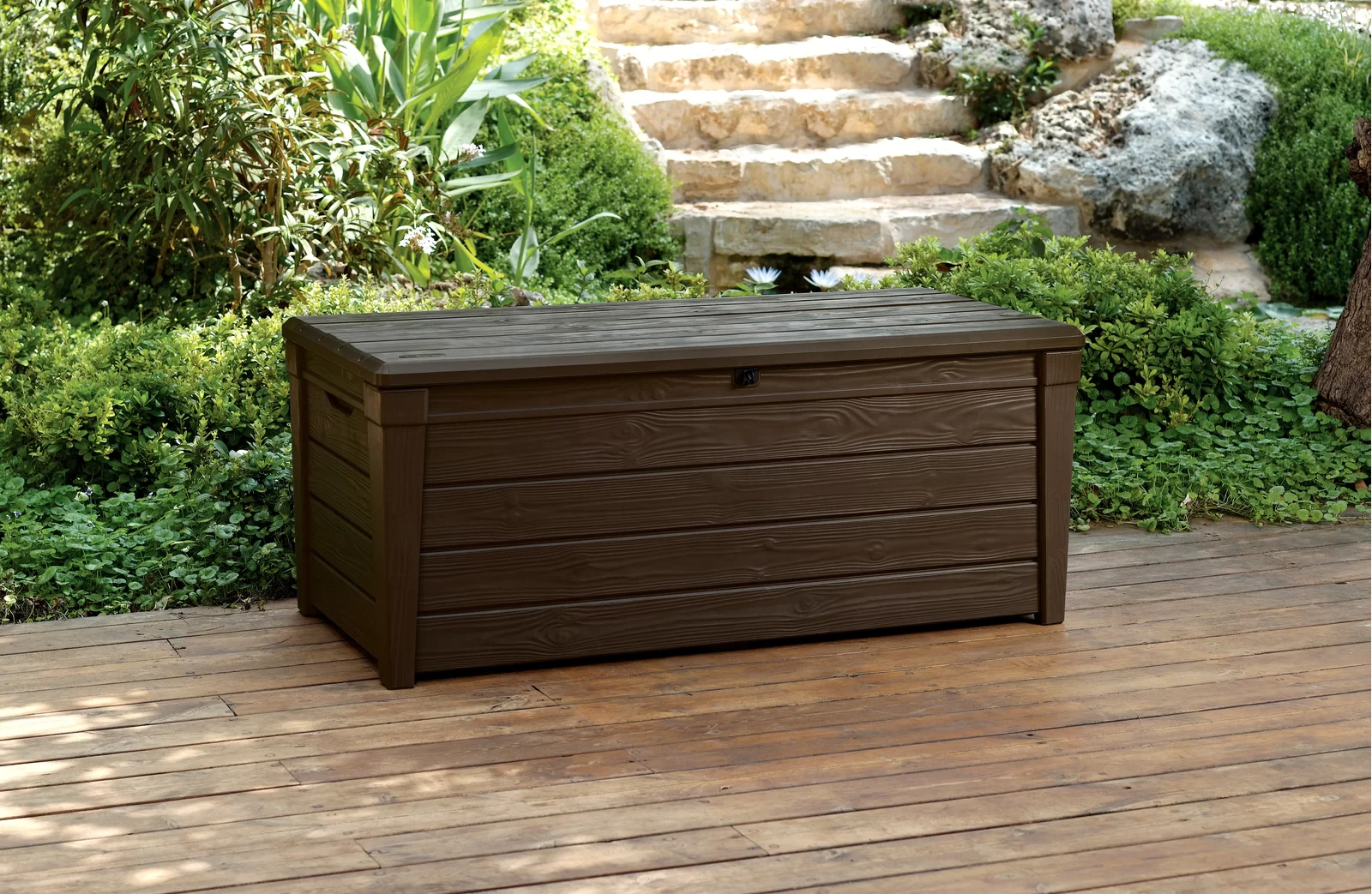 【Storage Shed】Keter Brightwood 120 Gallon Large Elegant Resin Water Resistant Lockable Deck Box