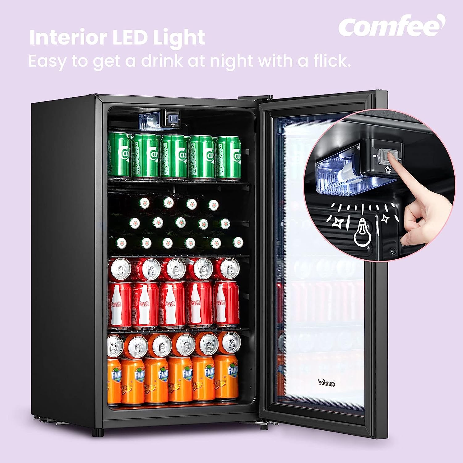 COMFEE' RCZ96BG1(E) Under Counter Beer Fridge, 93L Beverages & Drinks Fridge, LED Light, Removable Shelves, Economic Energy [En