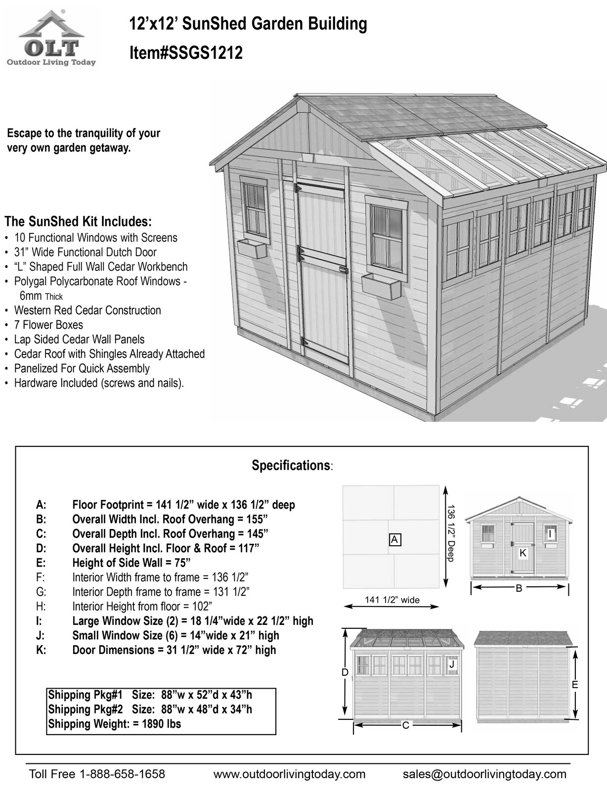 【Storage Shed】12x12 ft Cedar Wood Sunshed Garden Shed