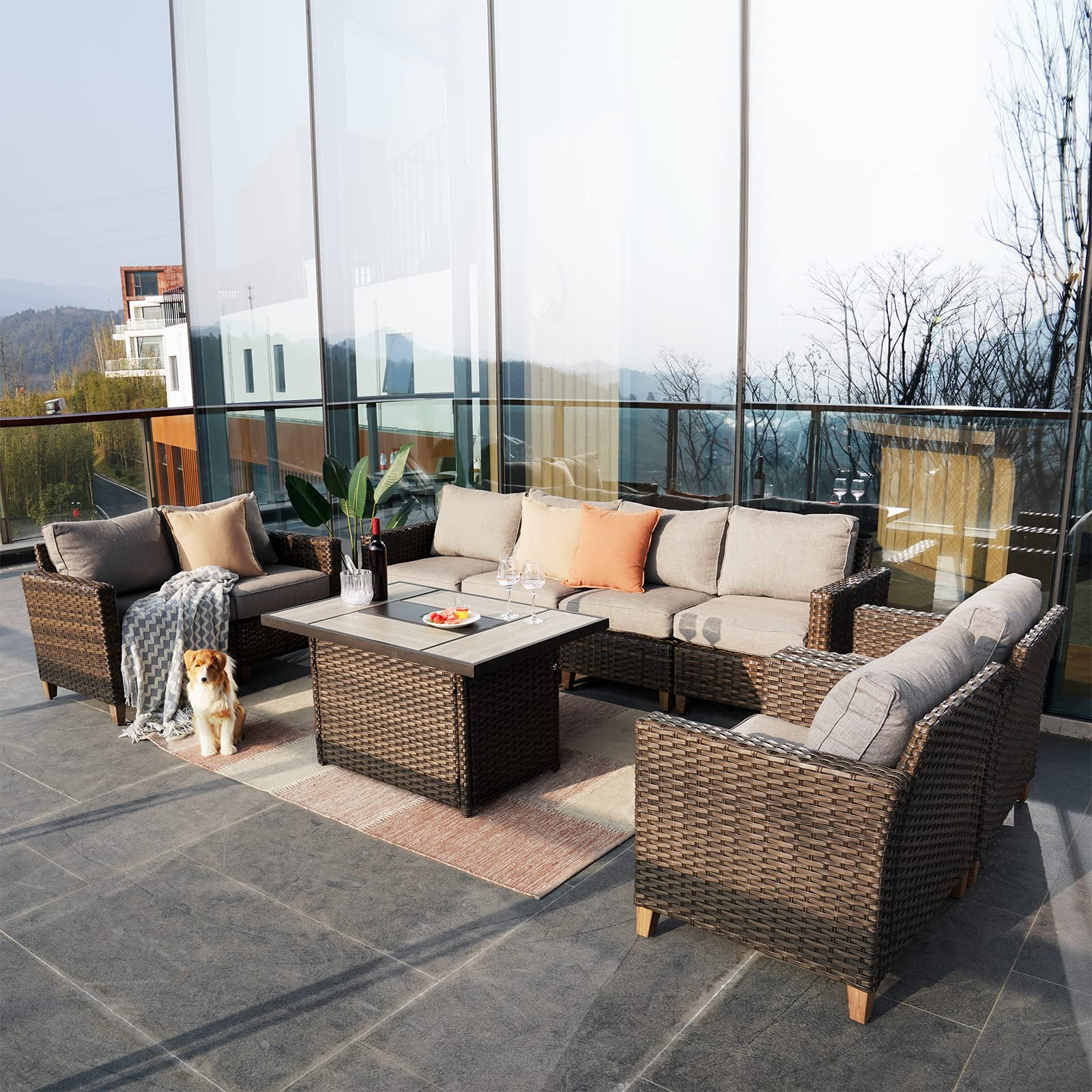 【Home&Garden】【BS】Patio Sofa Sets 9 Pcs Conversation Set with Fire Pit Table, PE Rattan Patio Furniture