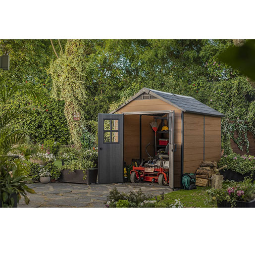 Keter Newton Outdoor Plastic Garden Storage Shed, Brown, 7.5 x 7 feet