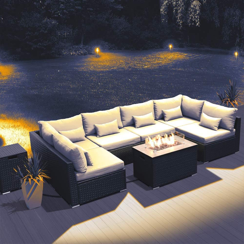 Dineli Sectional Sofa with Gas/Propane Fire Pit Table Outdoor Patio Furniture Sets