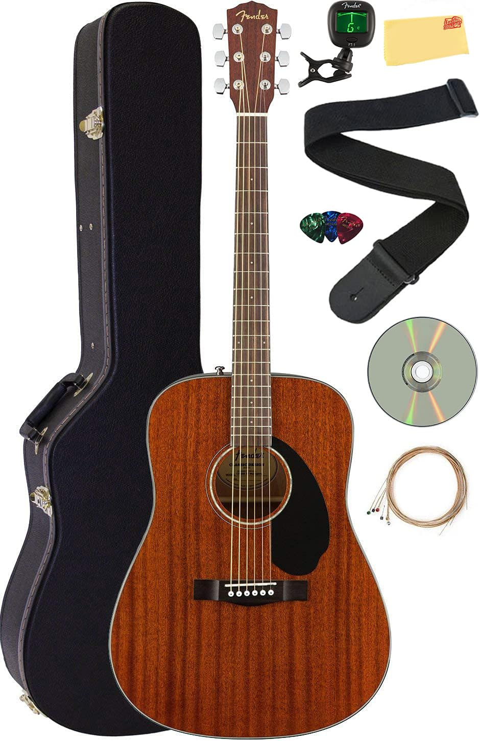 Fender CD-60SCE Solid Top Dreadnought Acoustic-Electric Guitar - All Mahogany Bundle with Hard Case, Instrument Cable, Tuner, Strap, Strings, Picks, Instructional DVD, and Polishing Cloth