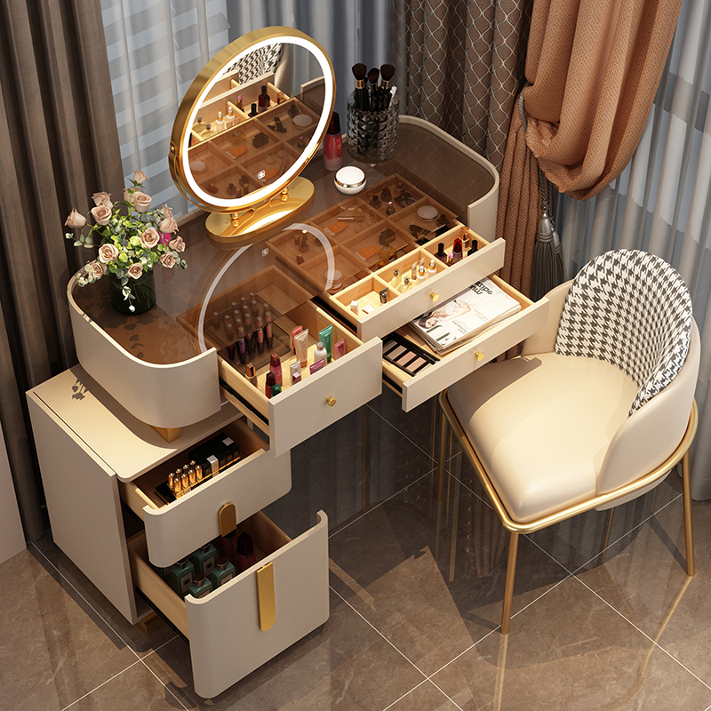 【Furniture】【BS】Nordic Dressing Table with Mirror, Stool & 3 Light Effect LED Mirrors, Golden Iron Dresser