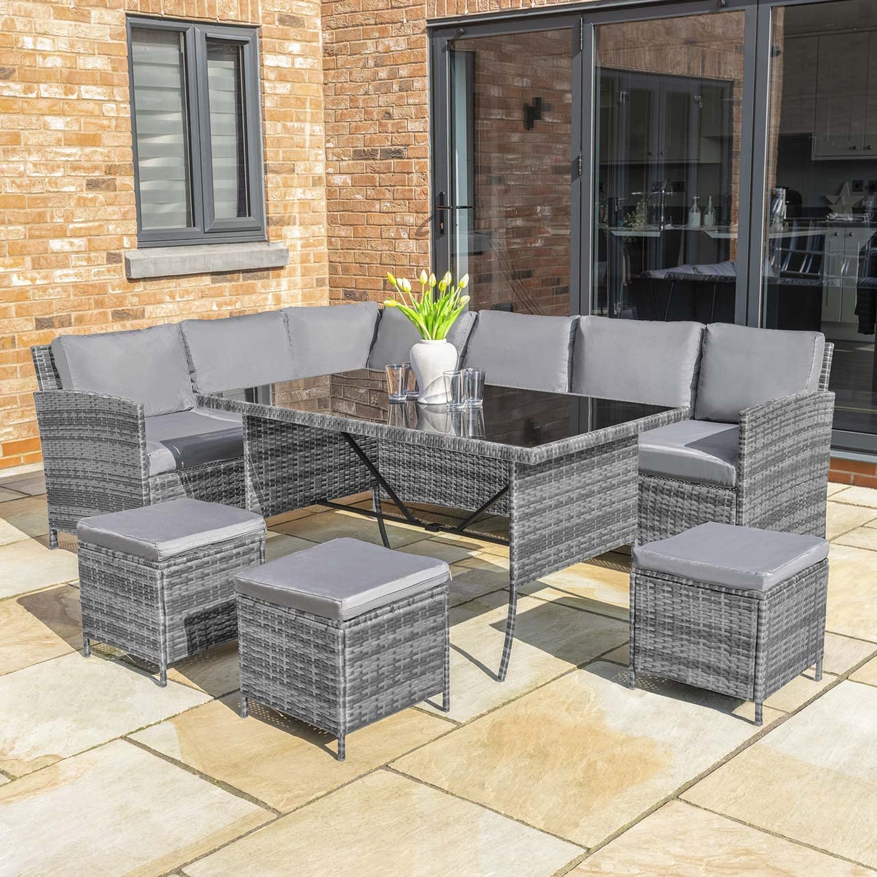Harrier Rattan Corner Dining Table - 9 Seater Outdoor Corner Sofa - Premium Rattan Garden Furniture Set | Outdoor Sofa + Table (With Cover, Grey)