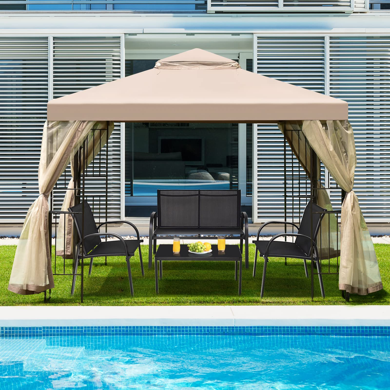 【Gazebo】【BS】10x10 Feet Patio Gazebo, Outdoor Gazebo Canopy Shelter w/ Netting