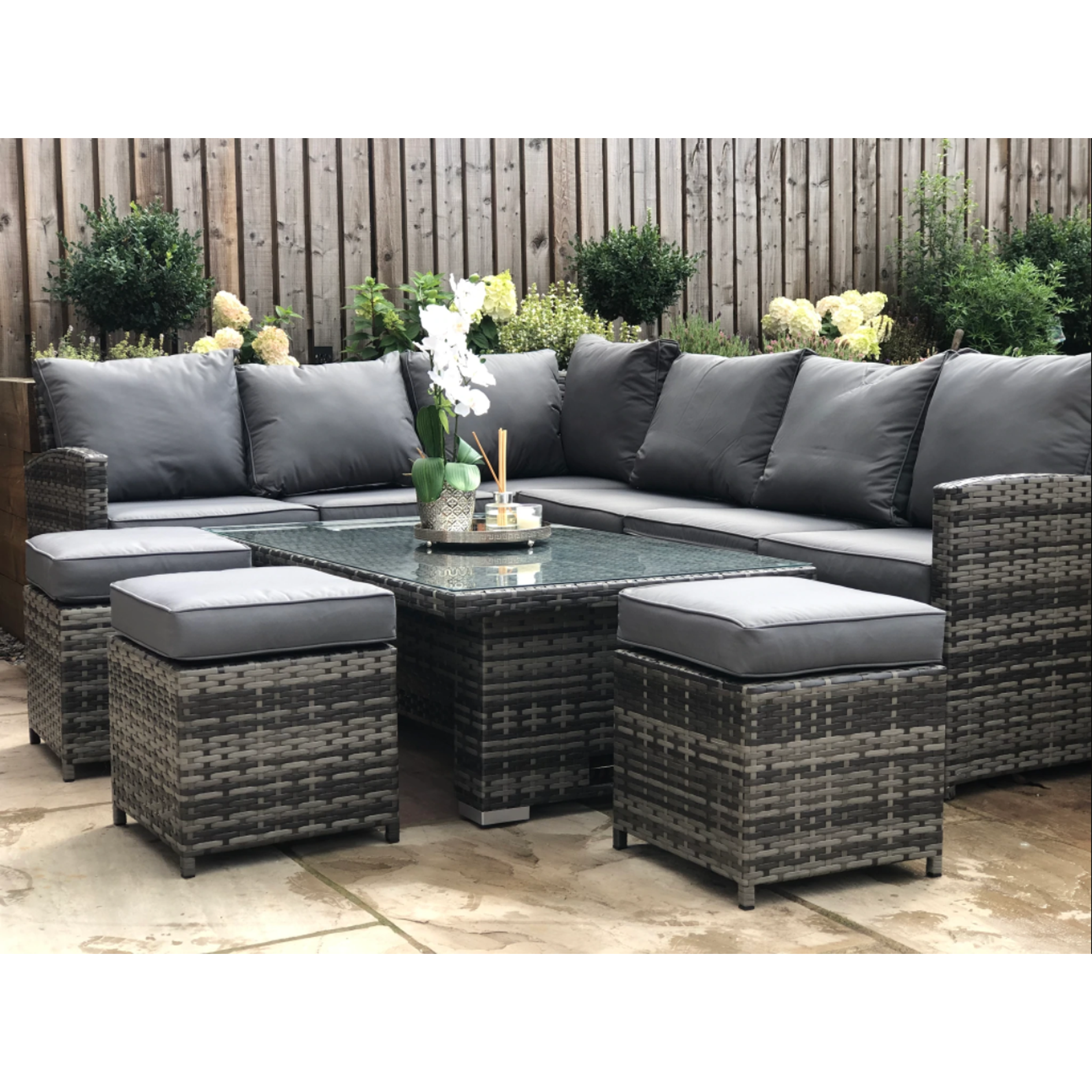 Amalfi ~ Grey Rattan Corner Sofa with Rising table