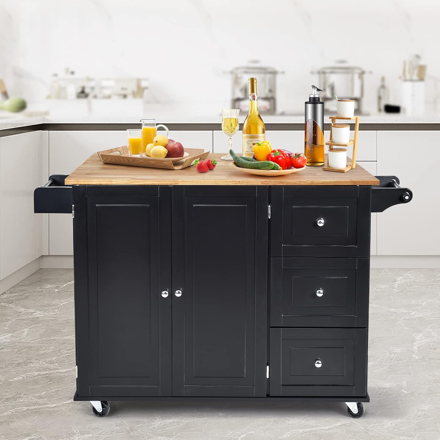 COS TWAY Kitchen Island Trolley on Wheels with Double Door Cabinet, 3 Drawers and Towel/Spice Rack, Utility Cabinet with Deciduous Rubber Wood Top and Adjustable Shelves, Suitable for Home Kitchen, Dining Room (Black)